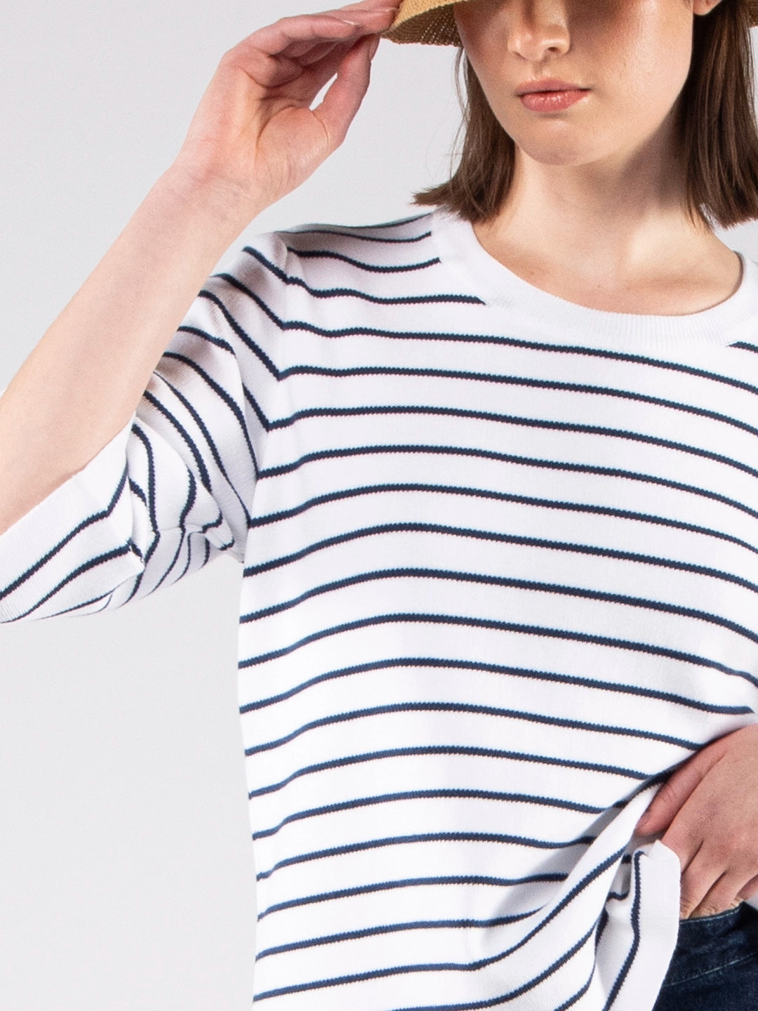 Achega Knit Sweaters - Women's organic cotton knit sweater with stripes and three-quarter sleeves.