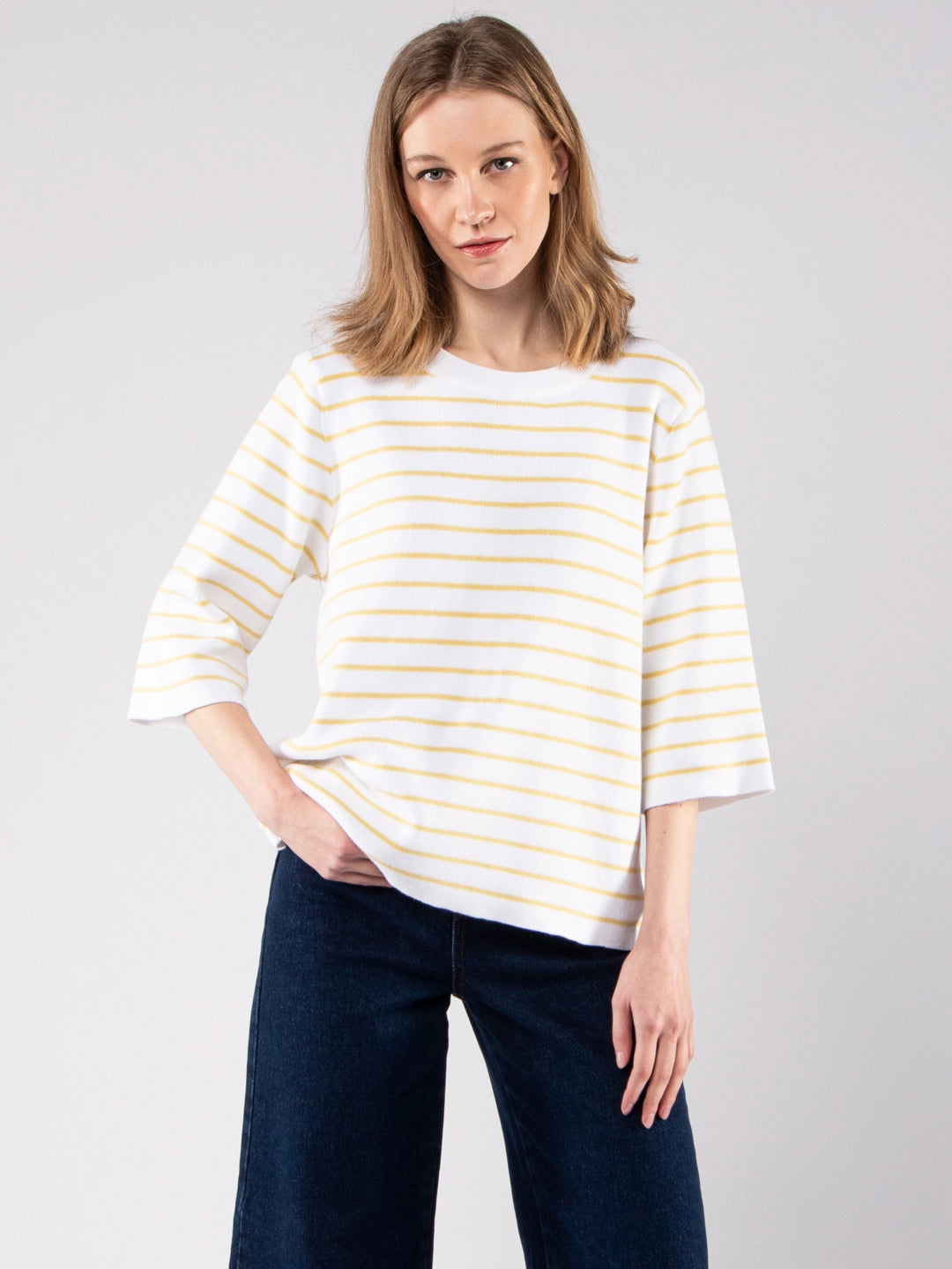 Achega Knitted Sweaters - Jersey de punto para mujer en algodón orgánico a rayas con mangas tres cuartos.