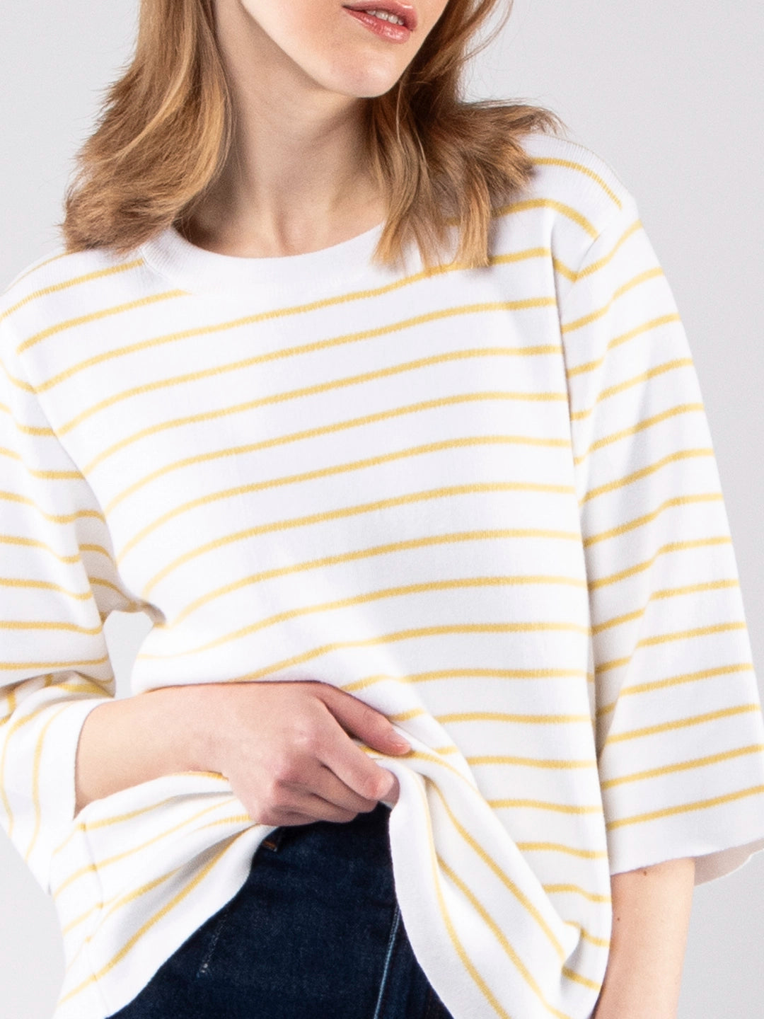 Achega Knitted Sweaters - Jersey de punto para mujer en algodón orgánico a rayas con mangas tres cuartos.