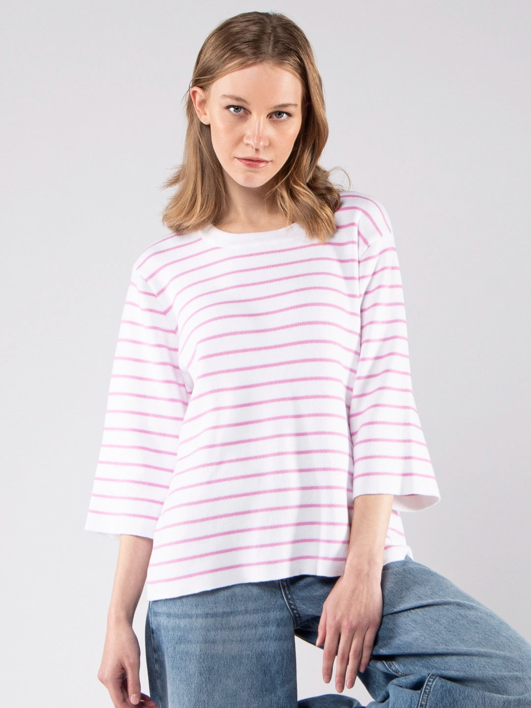 Achega Knit Sweaters - Women's organic cotton knit sweater with stripes and three-quarter sleeves.