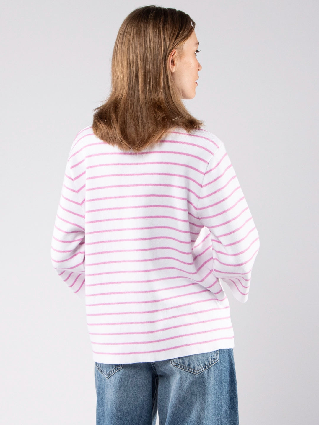 Achega Knit Sweaters - Women's organic cotton knit sweater with stripes and three-quarter sleeves.