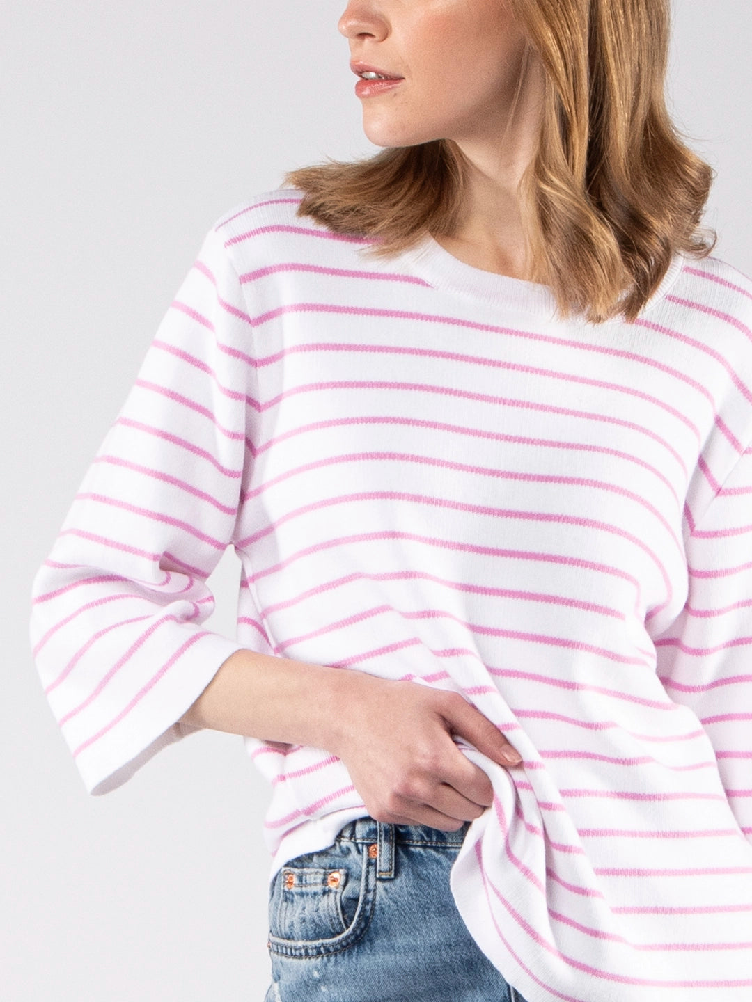Achega Knit Sweaters - Women's organic cotton knit sweater with stripes and three-quarter sleeves.