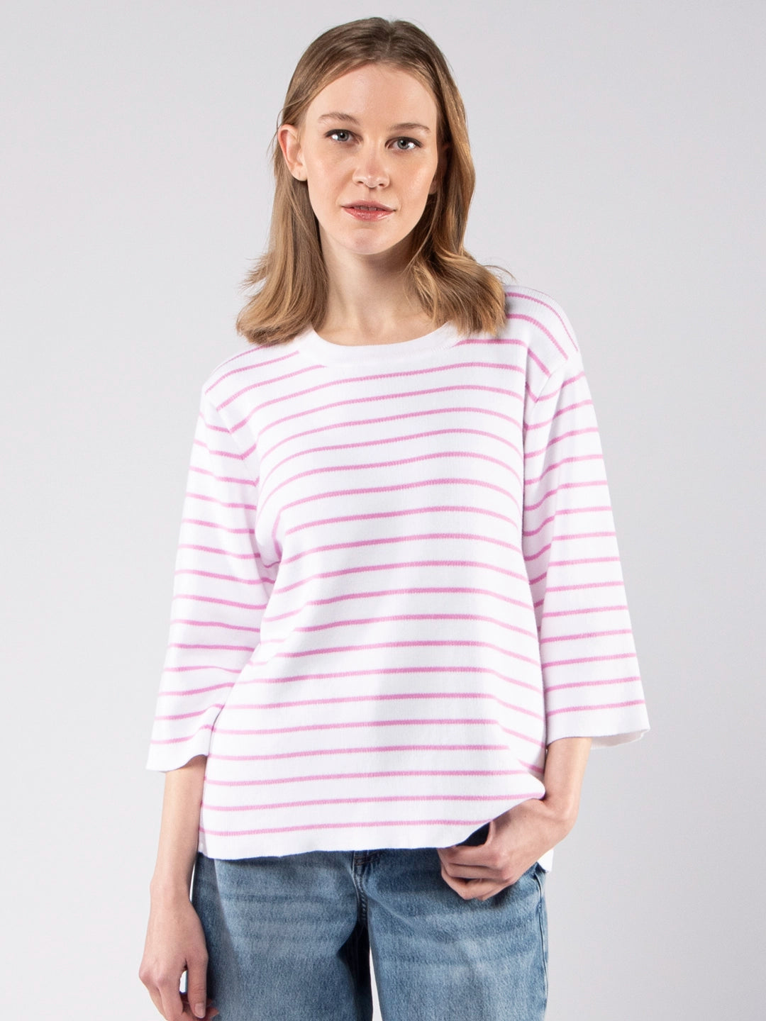 Achega Knit Sweaters - Women's organic cotton knit sweater with stripes and three-quarter sleeves.
