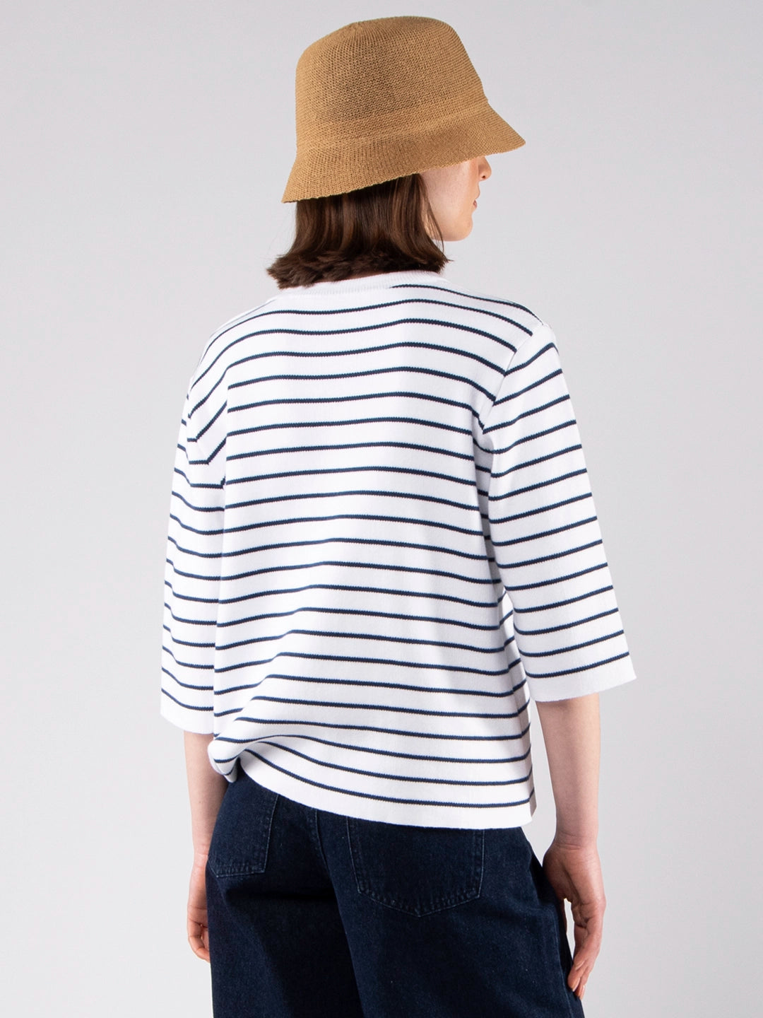 Achega Knit Sweaters - Women's organic cotton knit sweater with stripes and three-quarter sleeves.