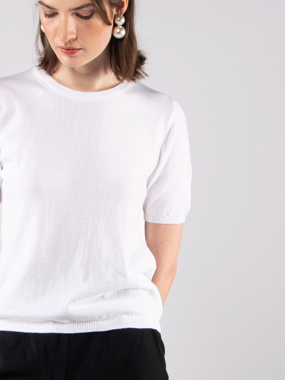 Camisolas de Malha Achega - Camisola de malha para senhora em algodão orgânico branco com meia manga.