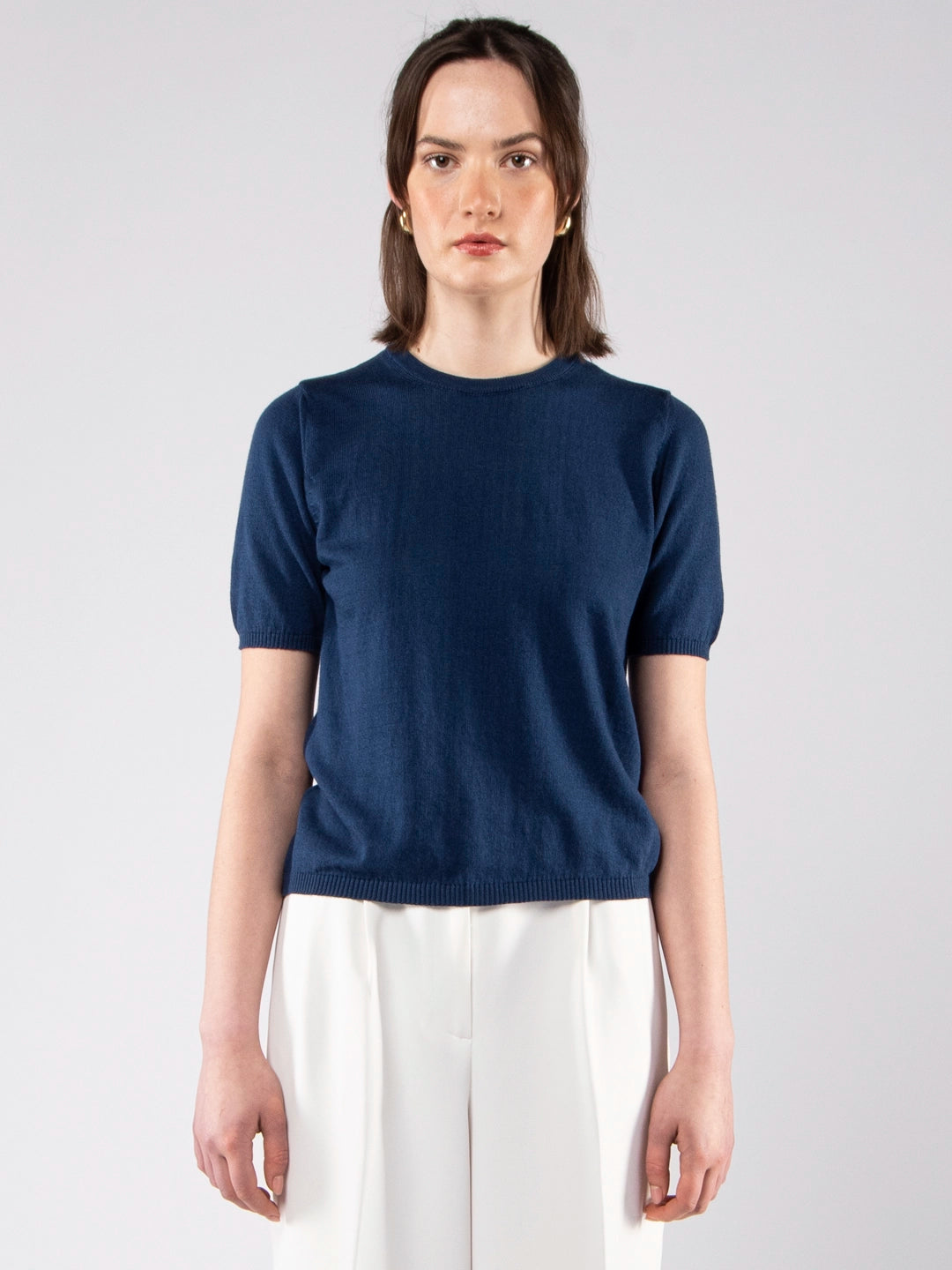 Camisolas de Malha Achega - Camisola de malha para senhora em algodão orgânico azul marinho com meia manga.