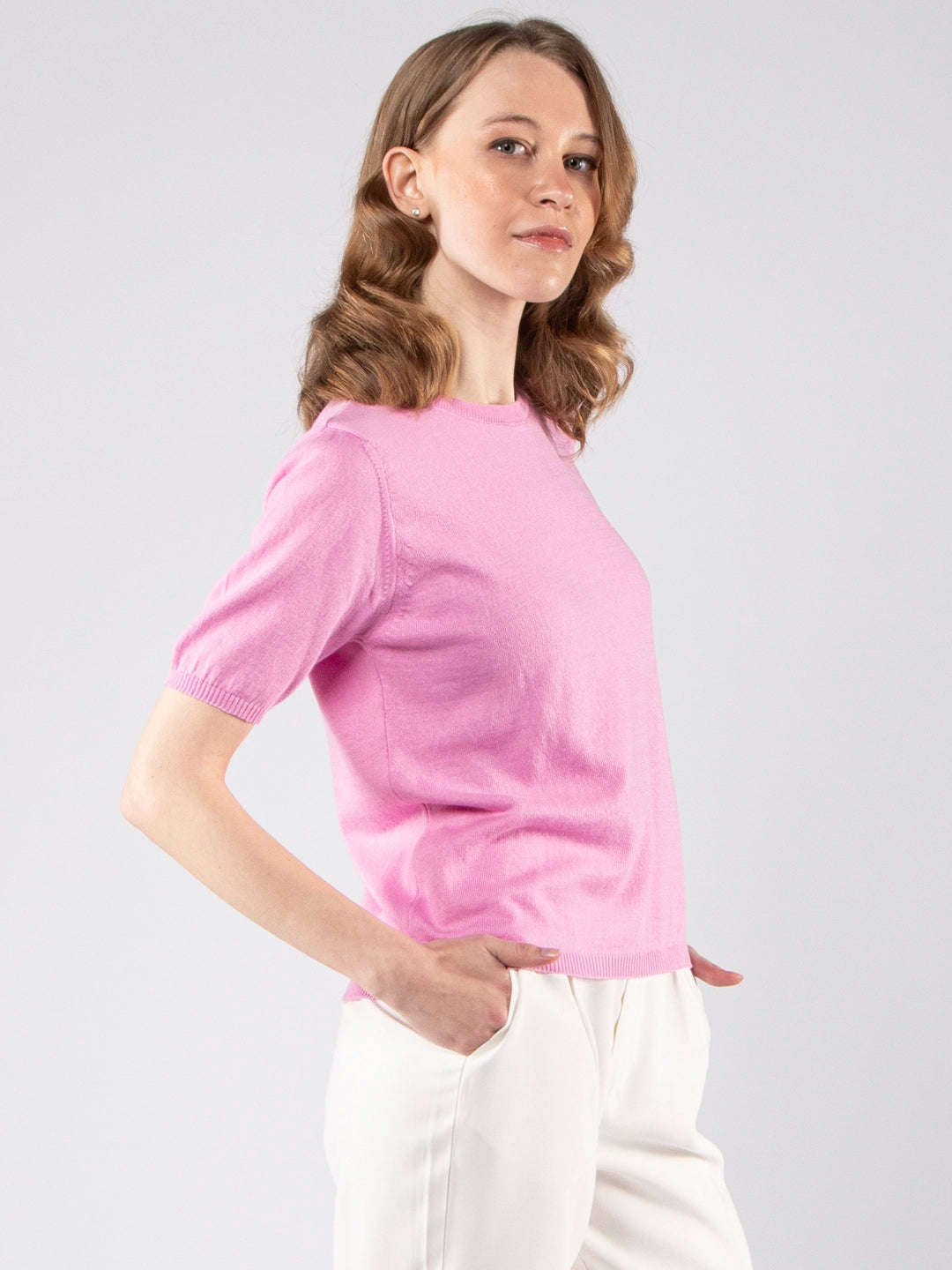 Achega Knitted Sweaters - Jersey de punto para mujer en algodón orgánico rosa con medias mangas