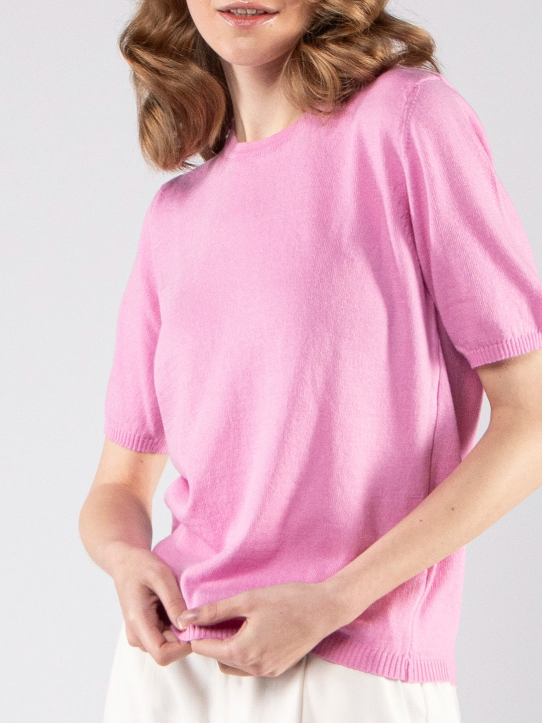 Camisolas de Malha Achega - Camisola de malha para senhora em algodão orgânico rosa com meia manga