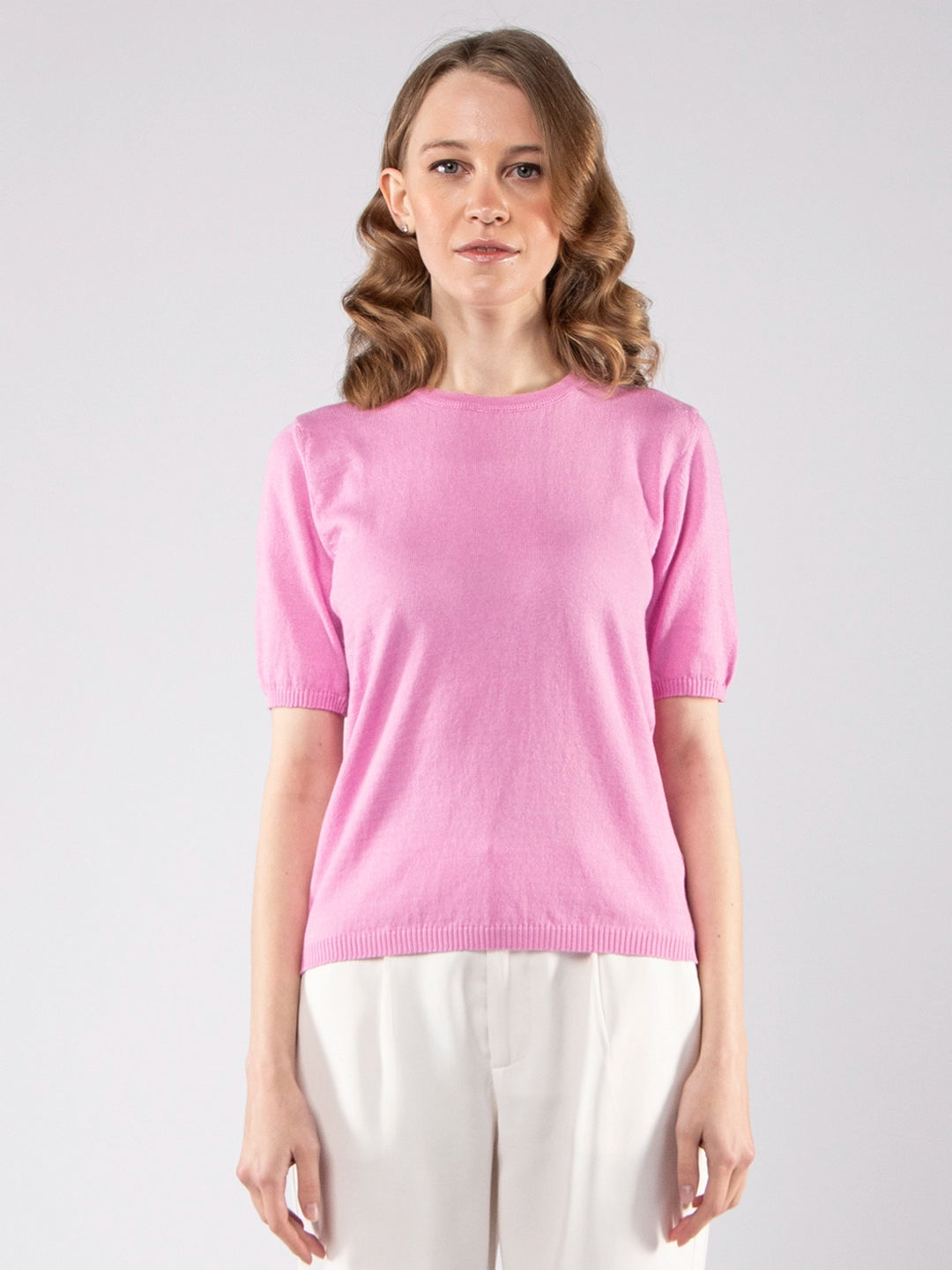 Camisolas de Malha Achega - Camisola de malha para senhora em algodão orgânico rosa com meia manga