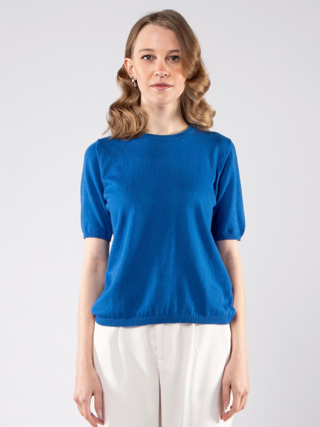 Achega Knitted Sweaters - Jersey de punto azul cobalto de algodón orgánico para mujer con medias mangas