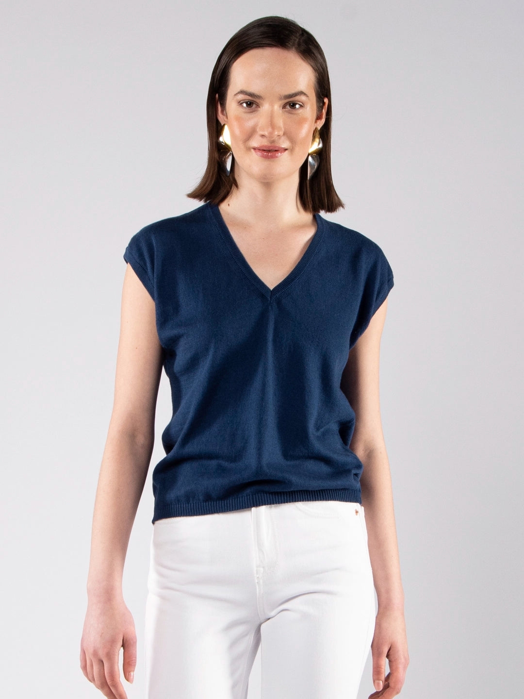 Camisola Decote V Ultraleve Azul Marinho em Fio de Algodão Orgânico GOTS