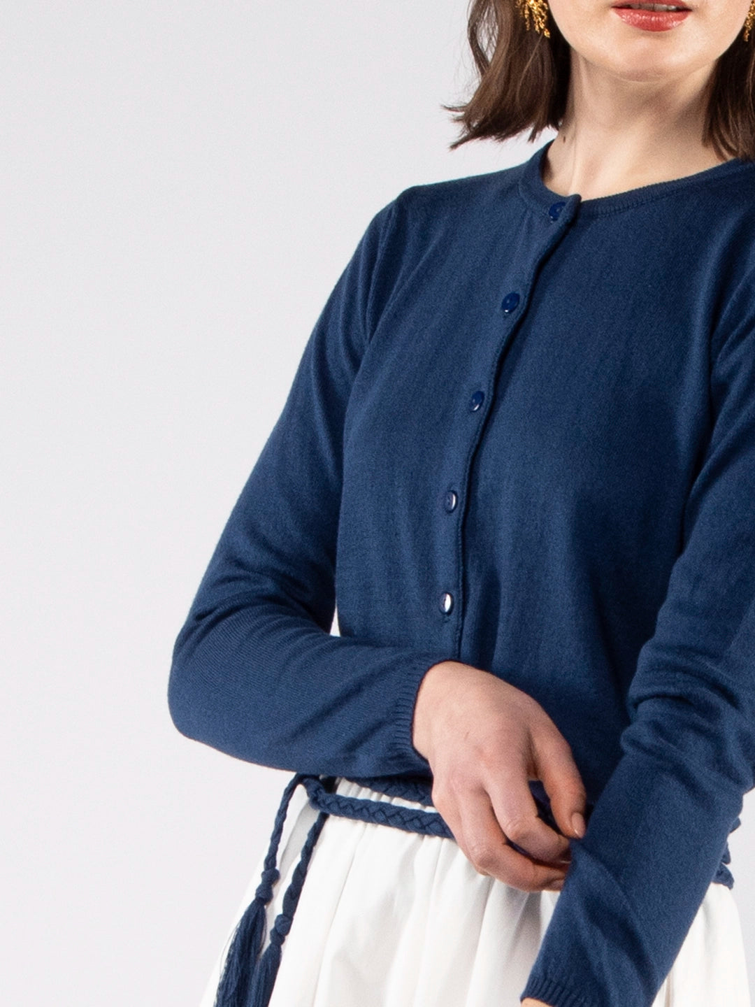 Casacos de Malha Achega - Casaco feminino azul marinho em algodão orgânico com decote redondo e botões