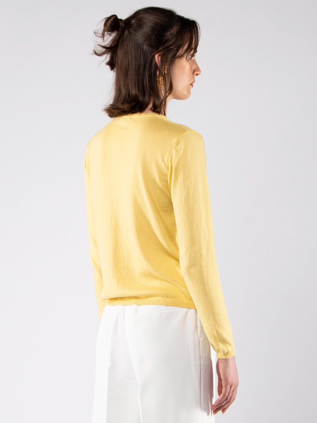 Casacos de Malha Achega - Casaco feminino rosa em algodão orgânico com decote redondo e botões