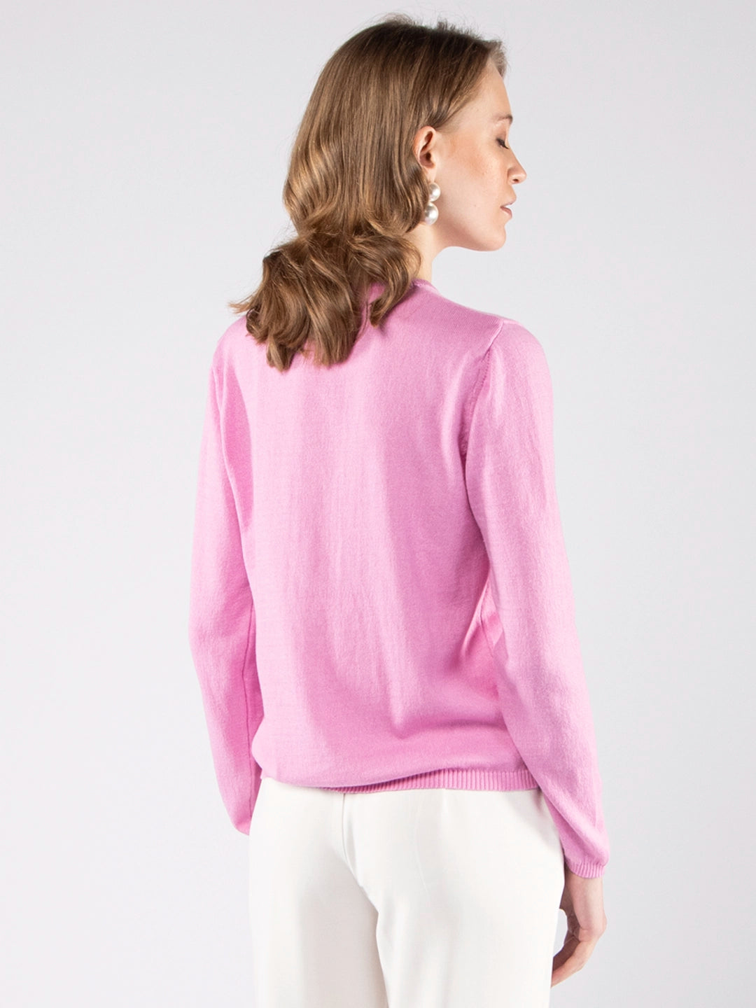 Casacos de Malha Achega - Casaco feminino rosa em algodão orgânico com decote redondo e botões