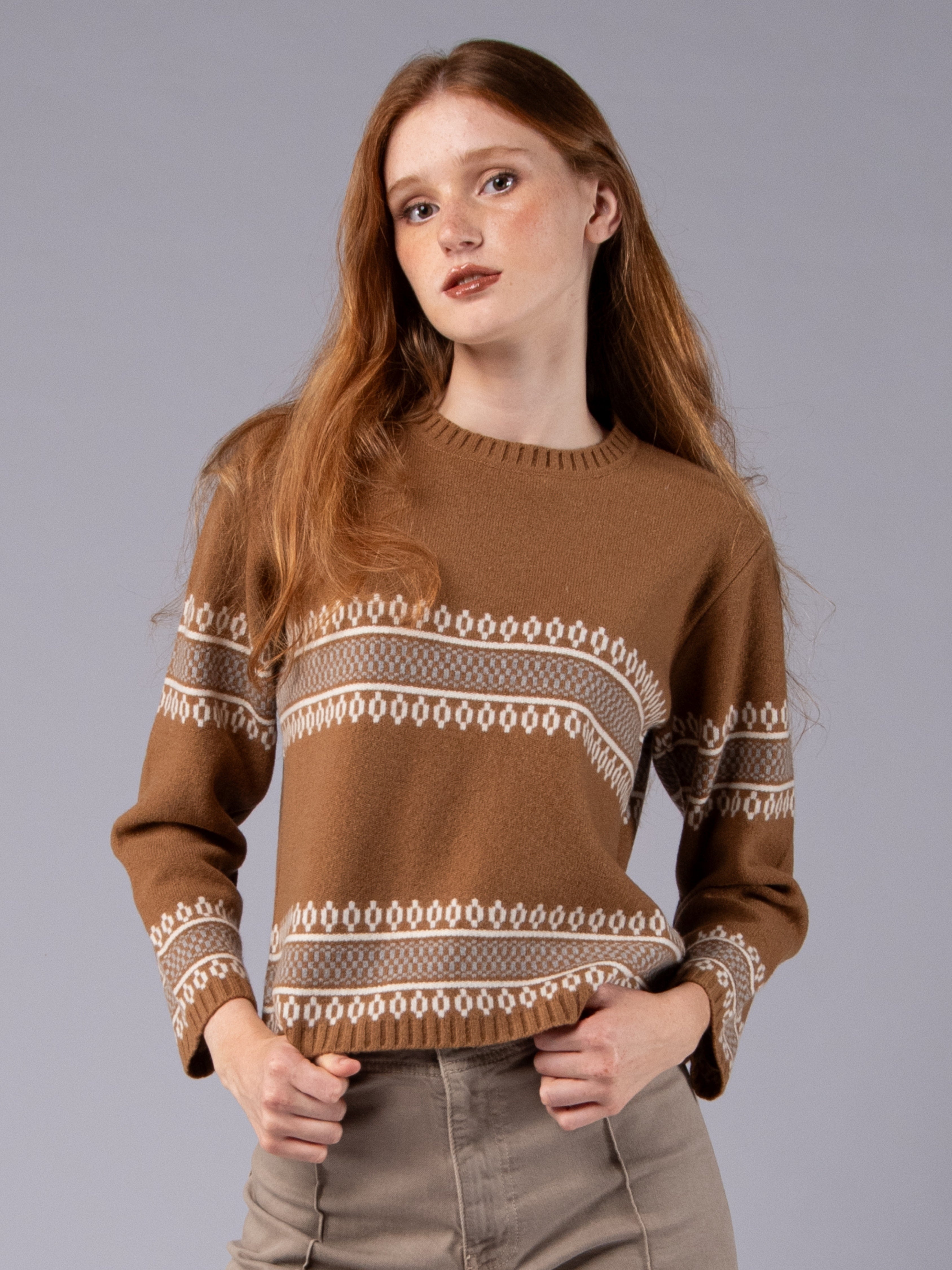 Camisola de Malha Jacquard Étnico - Charuto