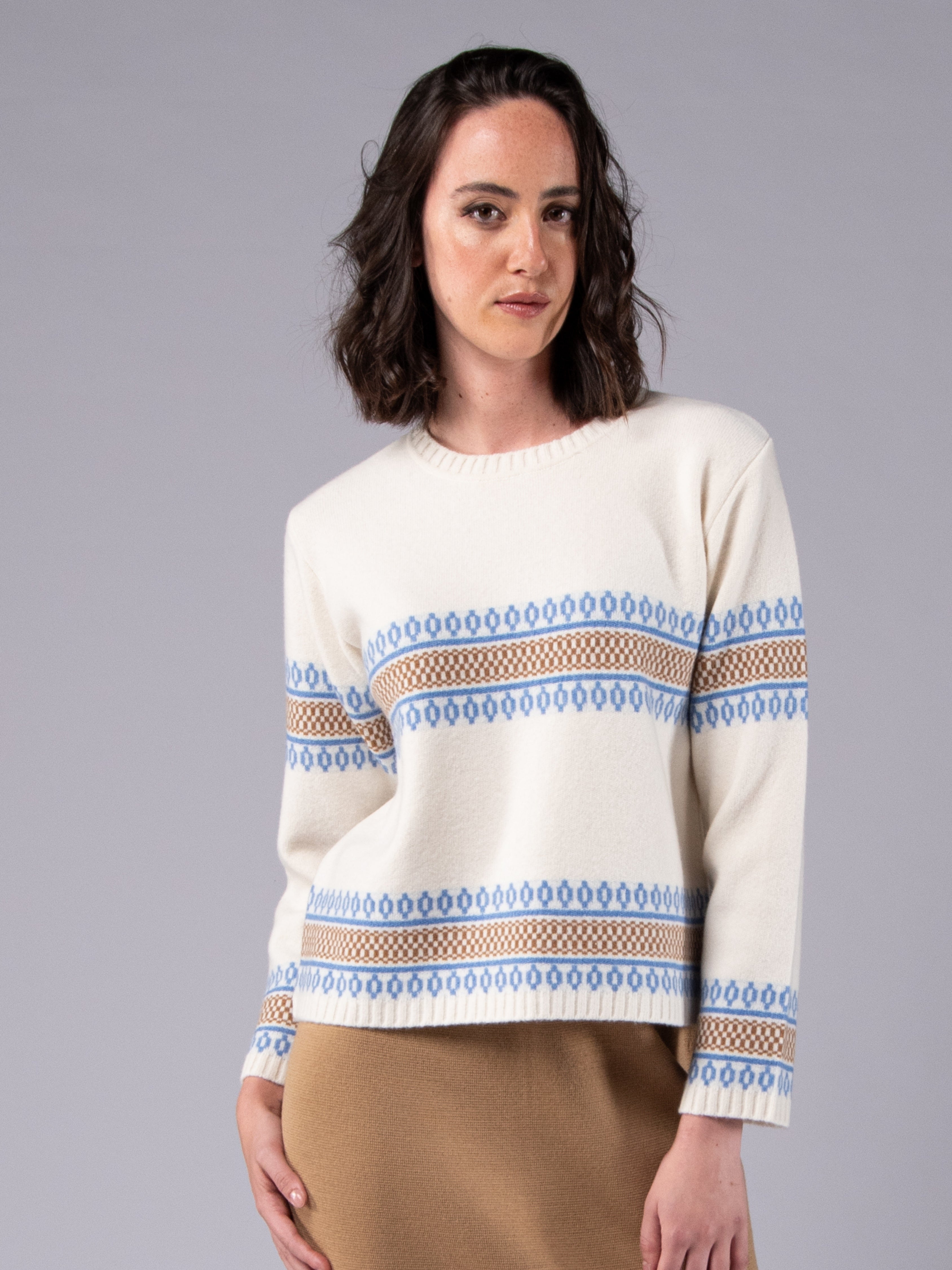 Camisola de Malha Jacquard Étnico - Branco Pérola