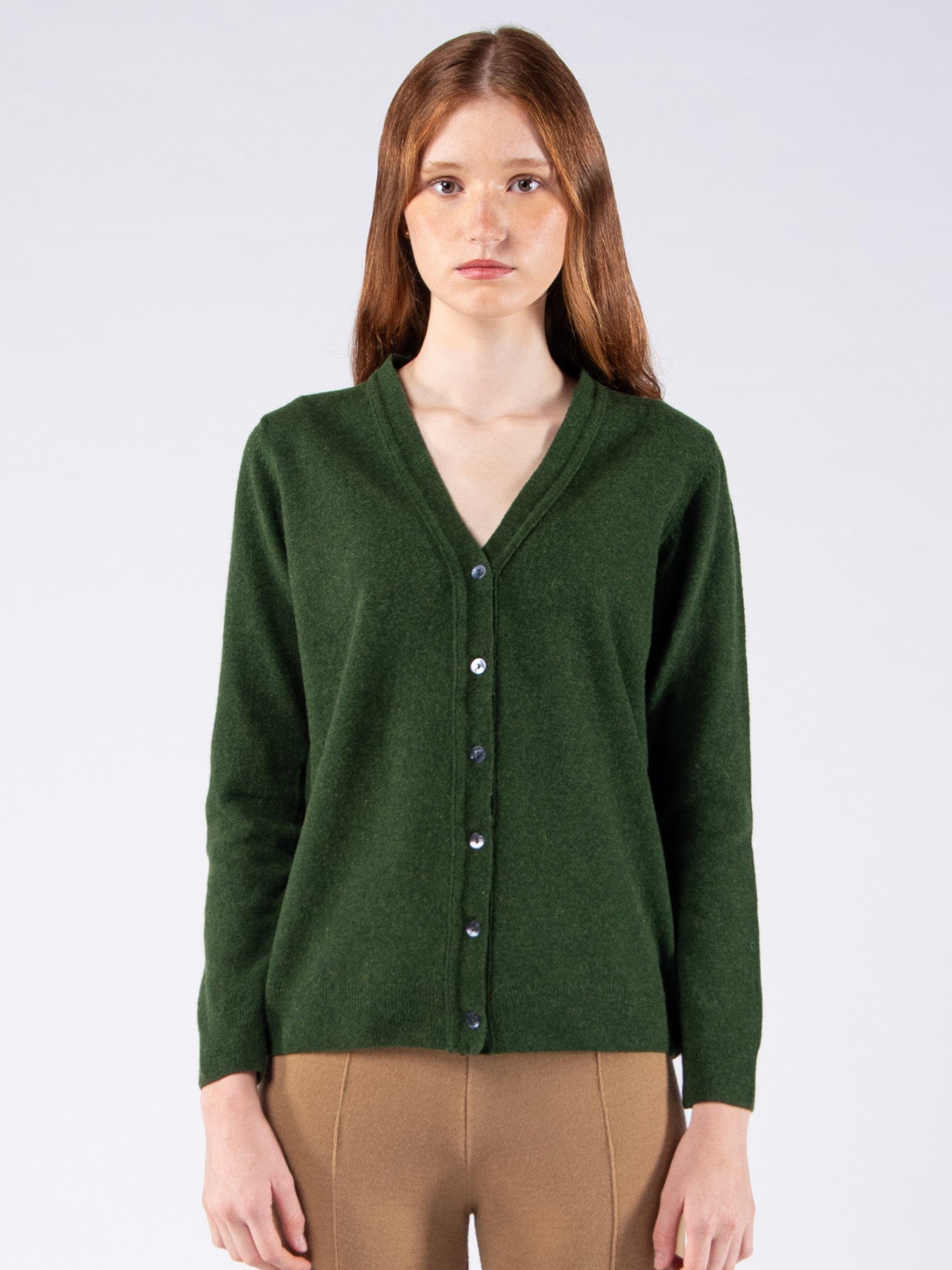 Lambswool V-Neck Cardigan - Moss Green