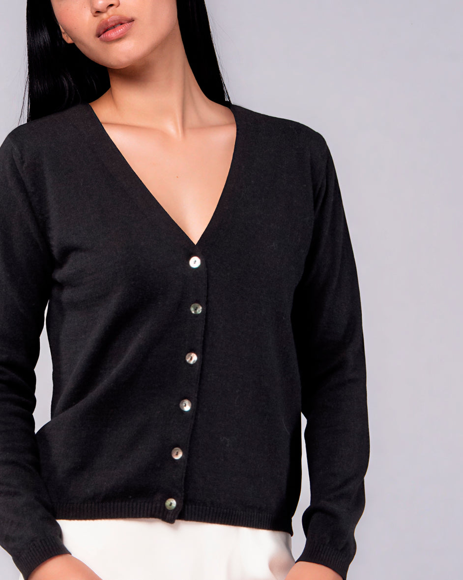 V-Neck Cardigan in Merino Wool and Organic Cotton