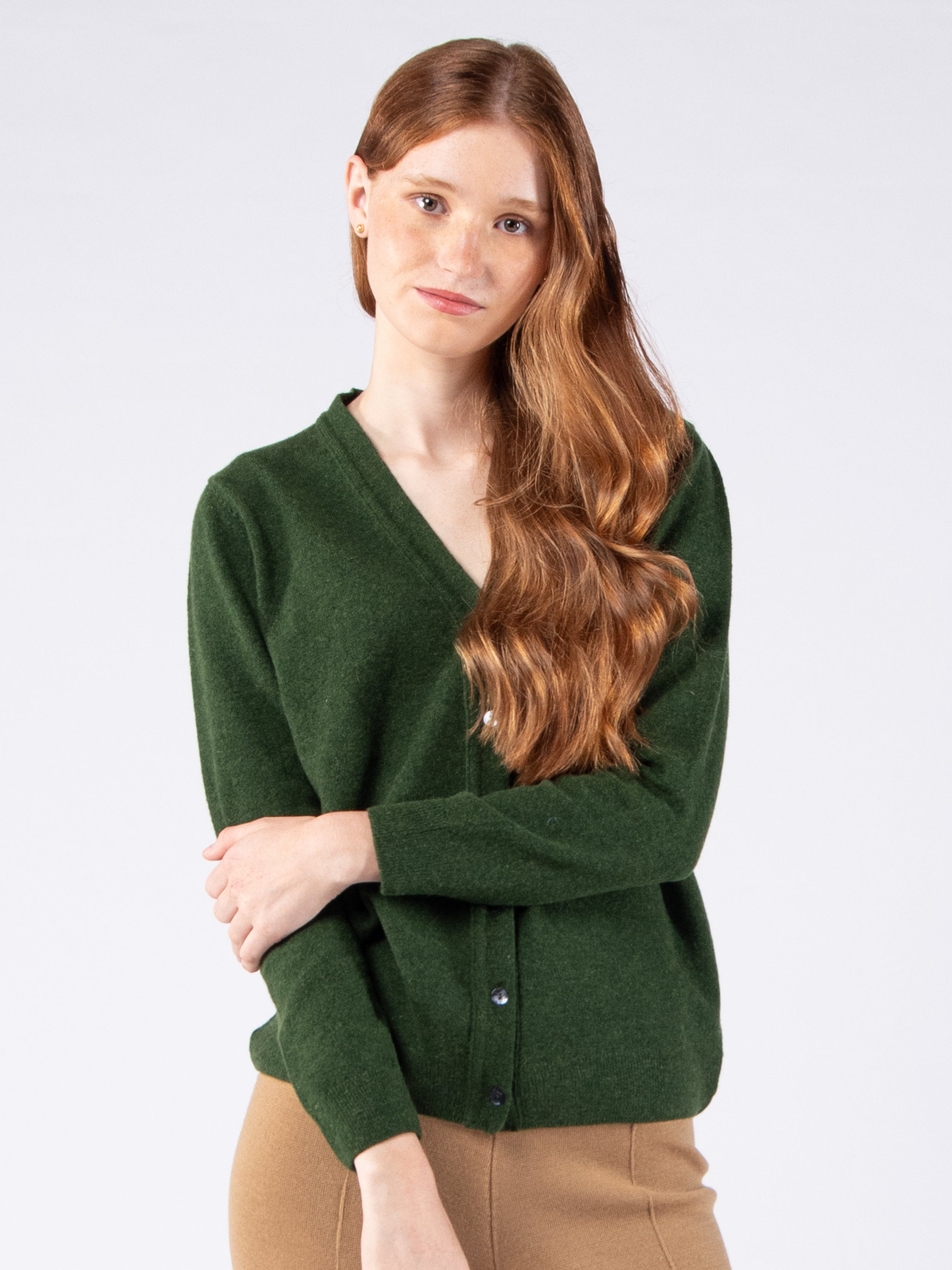 Lambswool V-Neck Cardigan - Moss Green