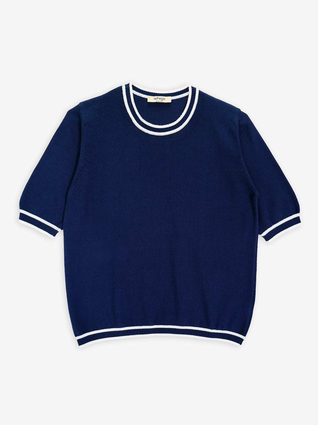 Camisolas de Malha Achega - Camisola de malha para senhora em algodão orgânico azul marinho com meia manga