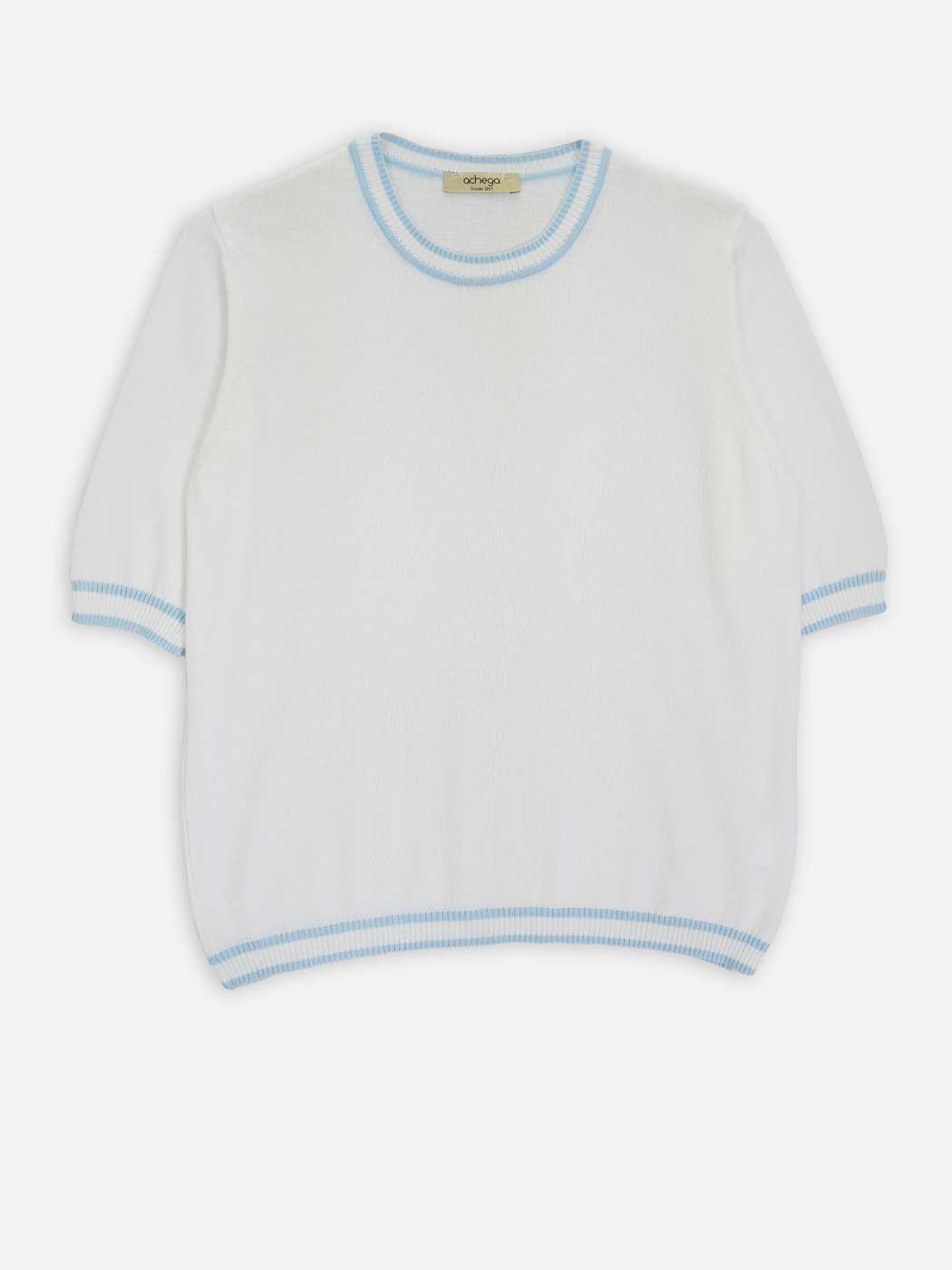 Camisolas de Malha Achega - Camisola de malha para senhora em algodão orgânico branco e azul claro com meia manga