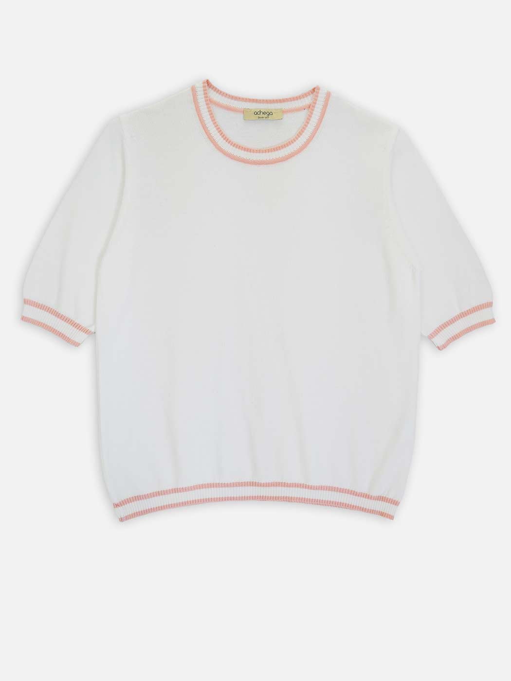 Achega Knitted Sweaters - Women's knitted sweater in white and salmon organic cotton with half sleeves