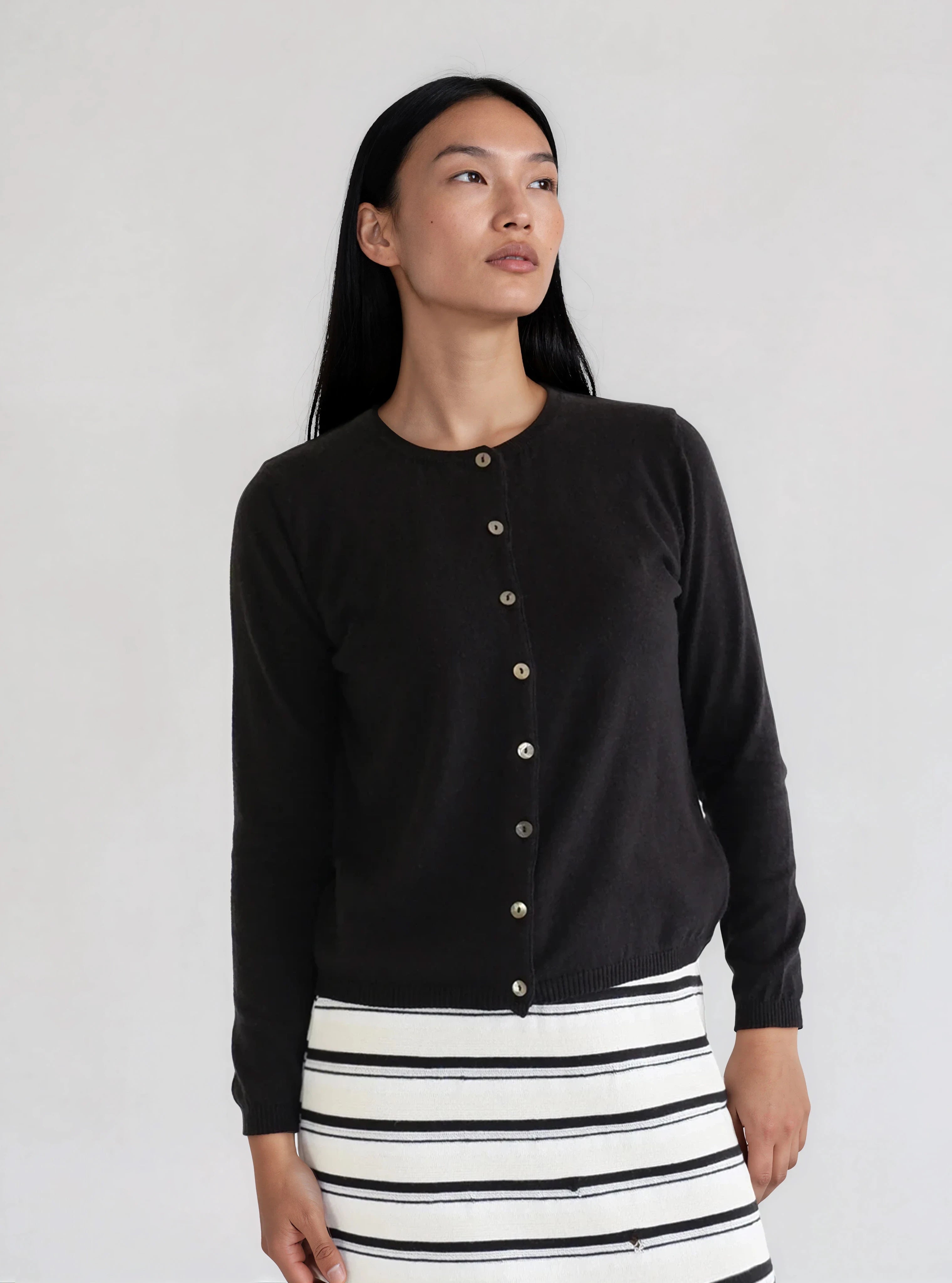 Round Neck Cardigan in Merino Wool and Organic Cotton