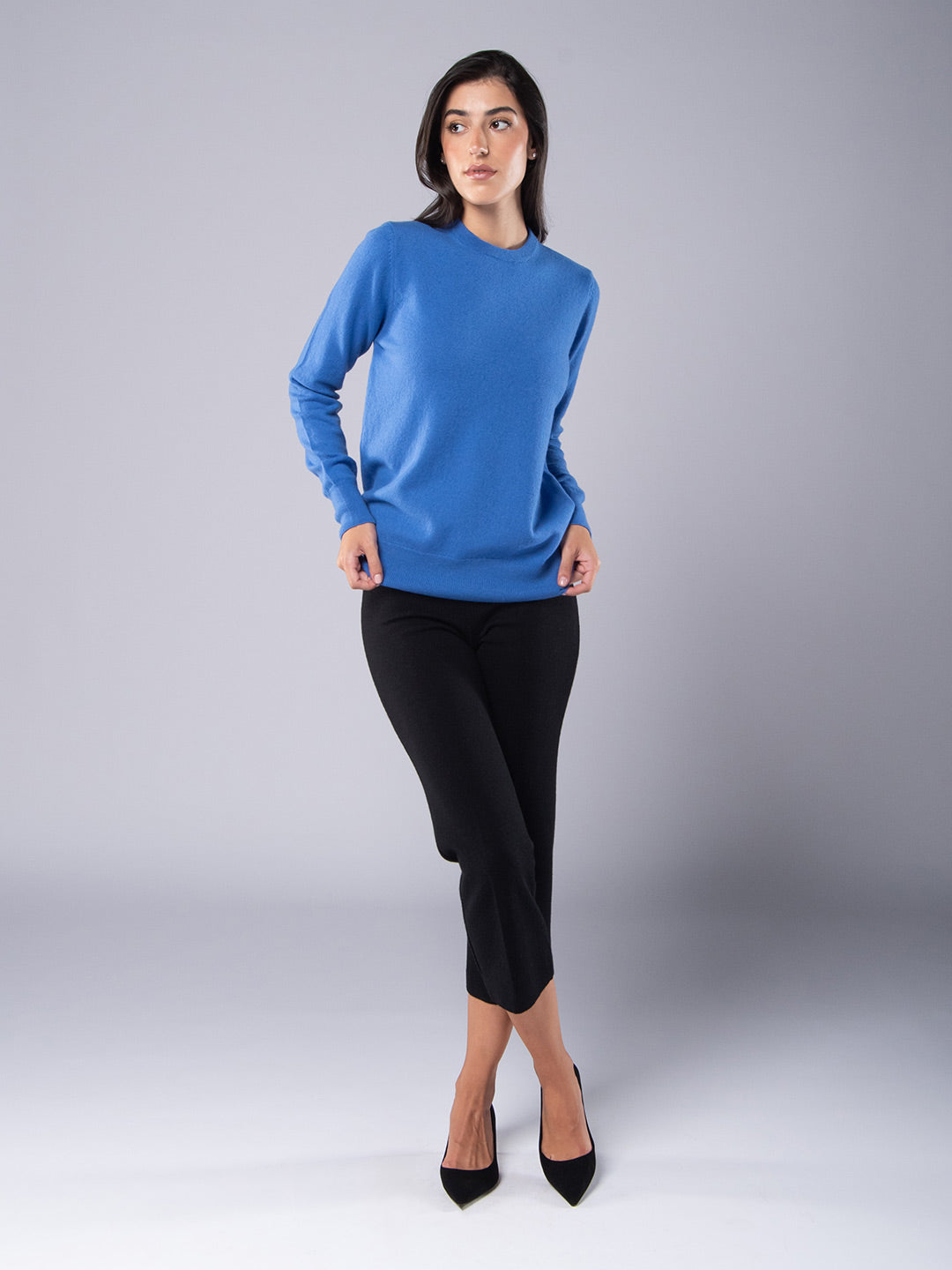 Camisola de Malha de Decote Redondo Caxemira Azul Cobalto