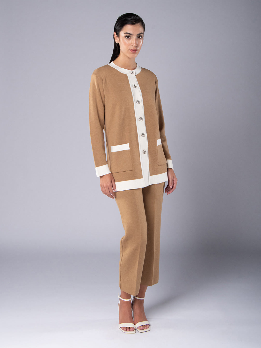 Knitted Cardigan with crystal-encrusted buttons in honey camel and white