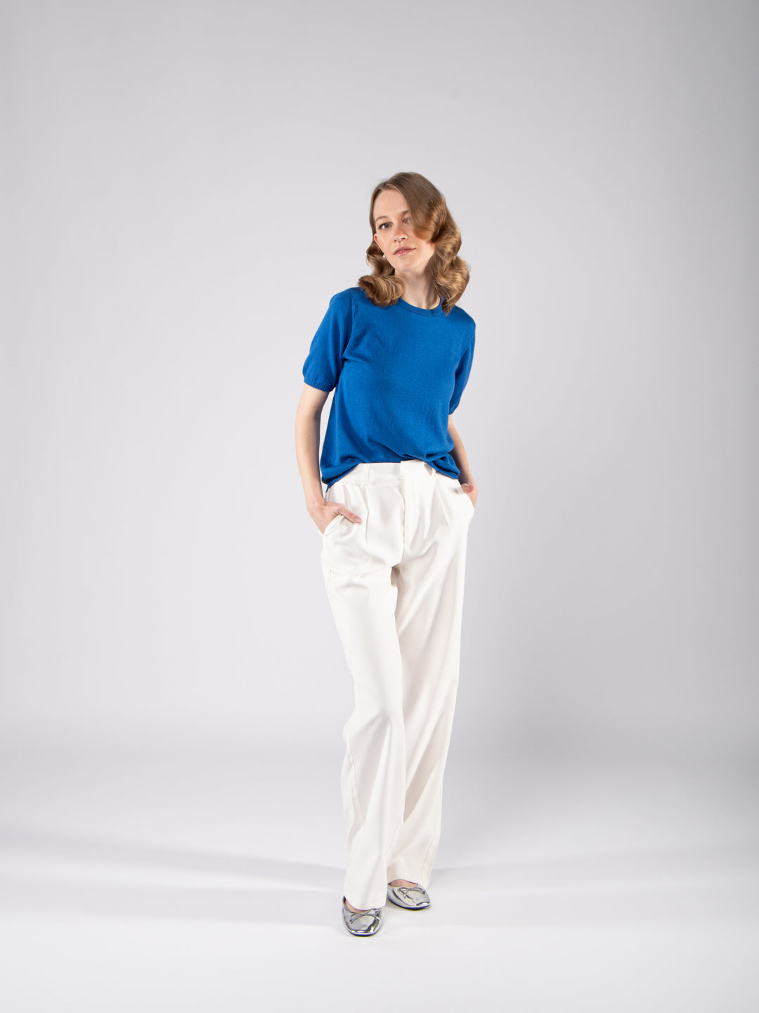 Achega Knitted Sweaters - Jersey de punto azul cobalto de algodón orgánico para mujer con medias mangas