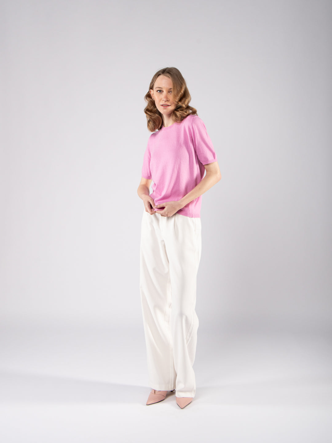 Achega Knitted Sweaters - Jersey de punto para mujer en algodón orgánico rosa con medias mangas