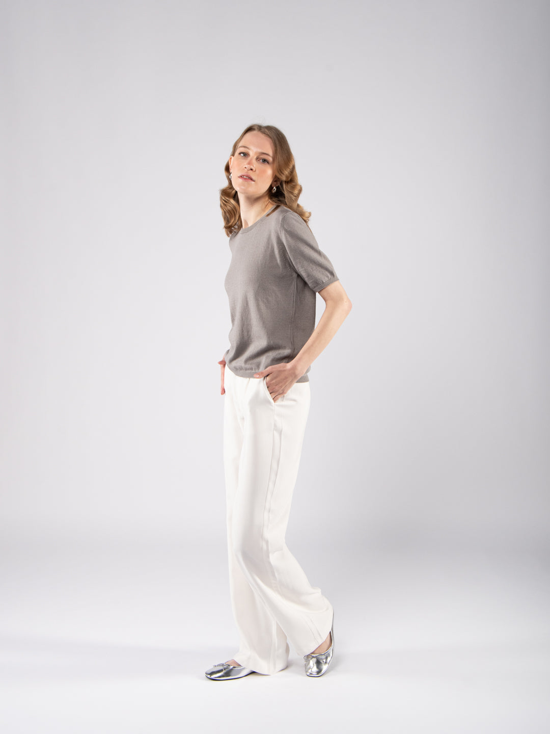 Camisolas de Malha Achega - Camisola de malha para senhora em algodão orgânico cinza com meia manga.