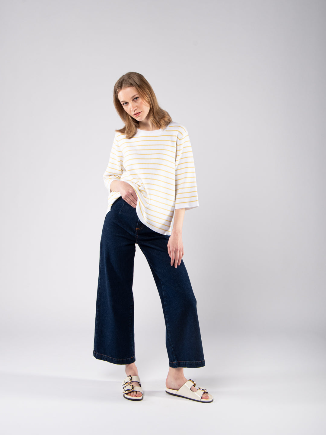 Achega Knitted Sweaters - Jersey de punto para mujer en algodón orgánico a rayas con mangas tres cuartos.