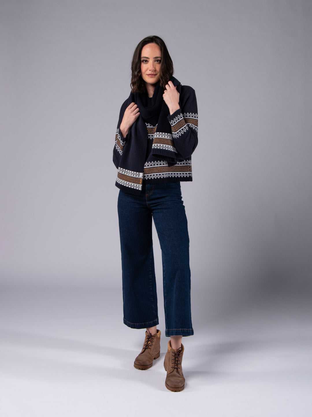 Echarpe de Malha Jacquard Étnico - Azul Marinho