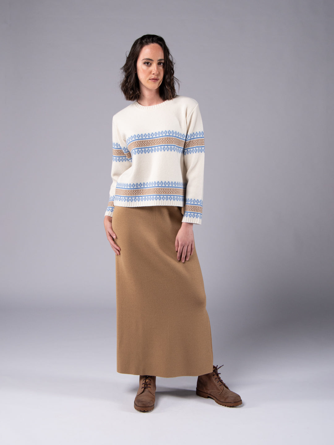 Camisola de Malha Jacquard Étnico - Branco Pérola