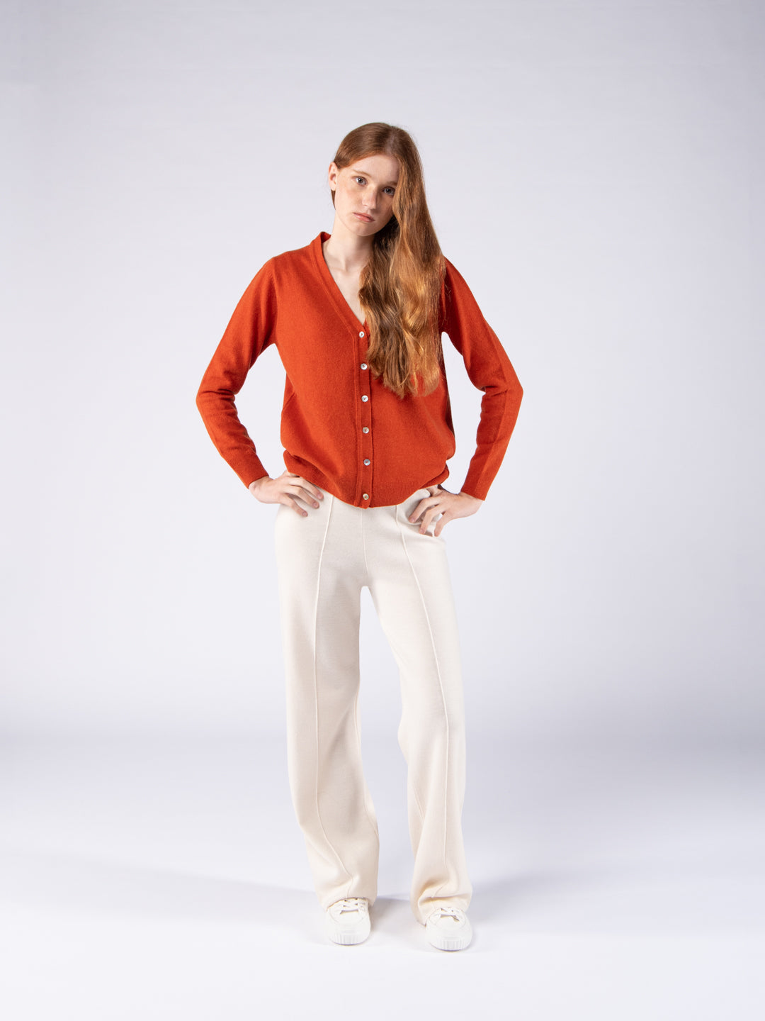 Lambswool V-Neck Cardigan - Terracotta Orange