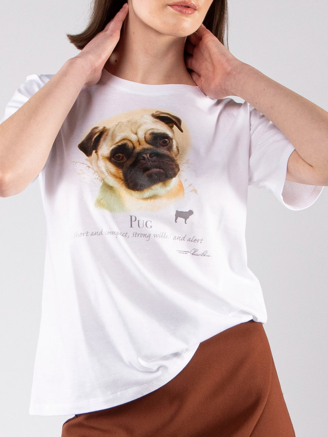 Camisetas Achega - Camiseta femenina 100 % algodón con un perro de raza pug.