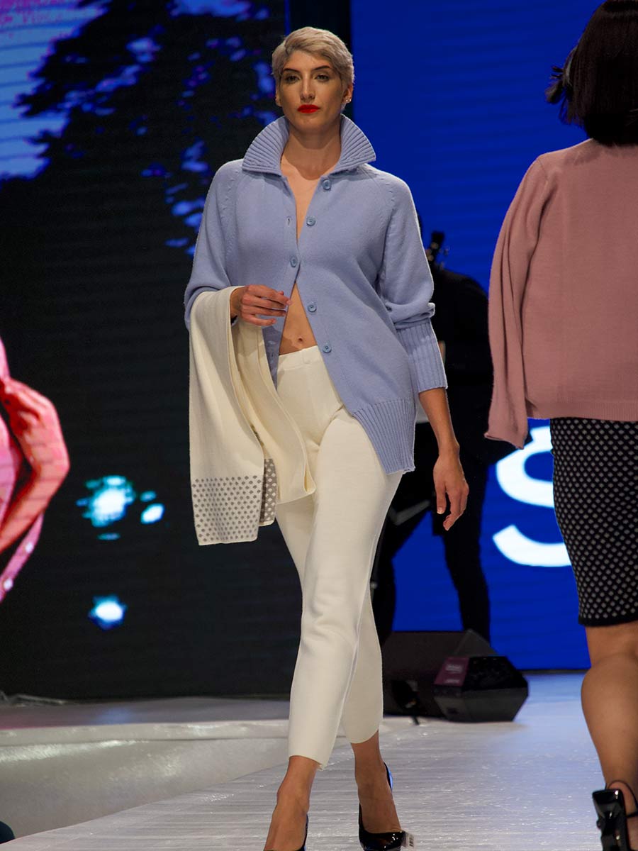 Achega Knitted Cardigan - Long blue knitted Cardigan with collar and lambswool buttons