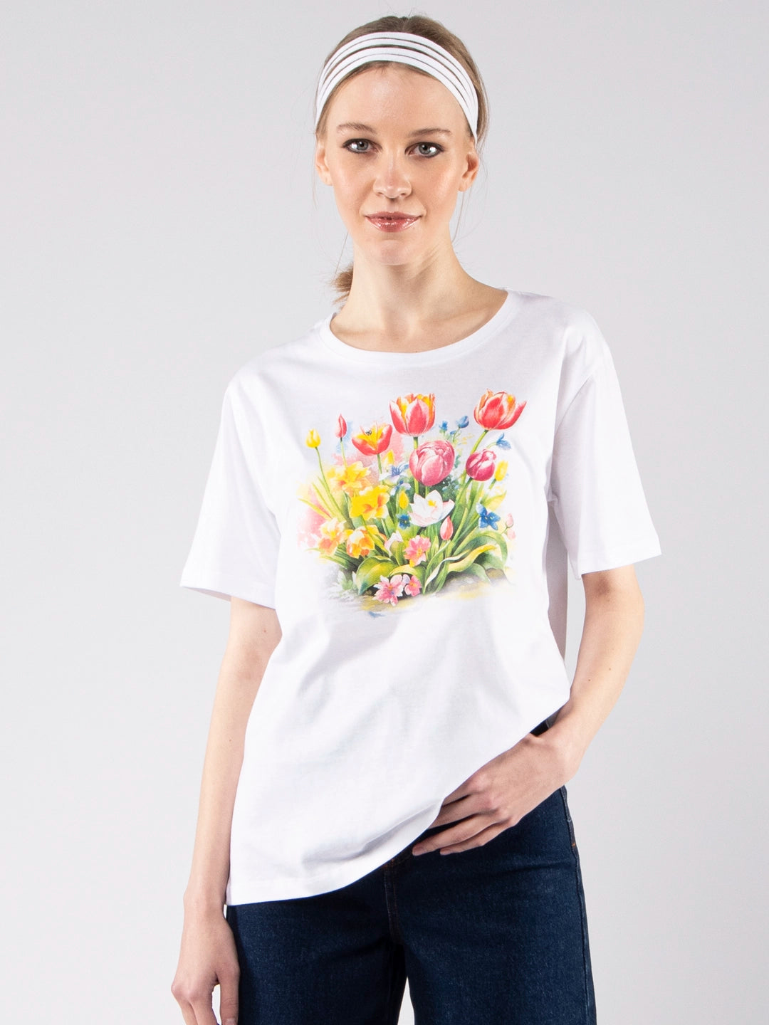 Camisetas Achega - Camiseta femenina 100 % algodón con estampado floral.