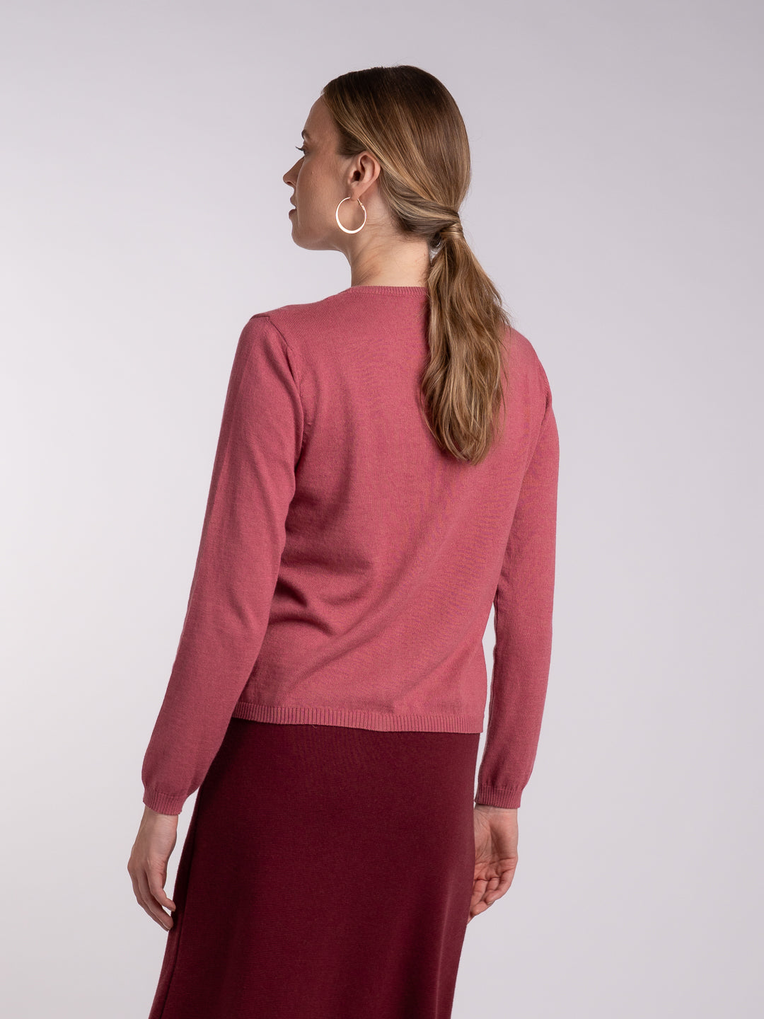 Casaco de Decote Redondo em Lã Merino e Algodão Orgânico Rosa Coral
