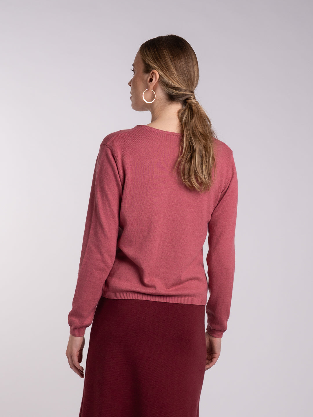 Casaco de Decote V em Lã Merino e Algodão Orgânico Rosa Coral