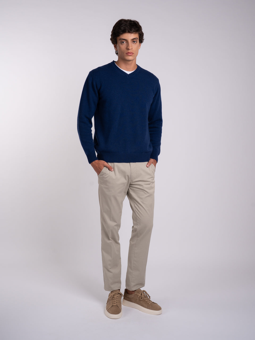 Full-body view of a men's midnight blue pullover with a regular fit