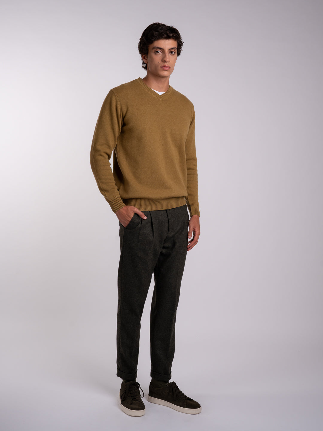 Men's khaki green sweater made of two-ply jersey knit