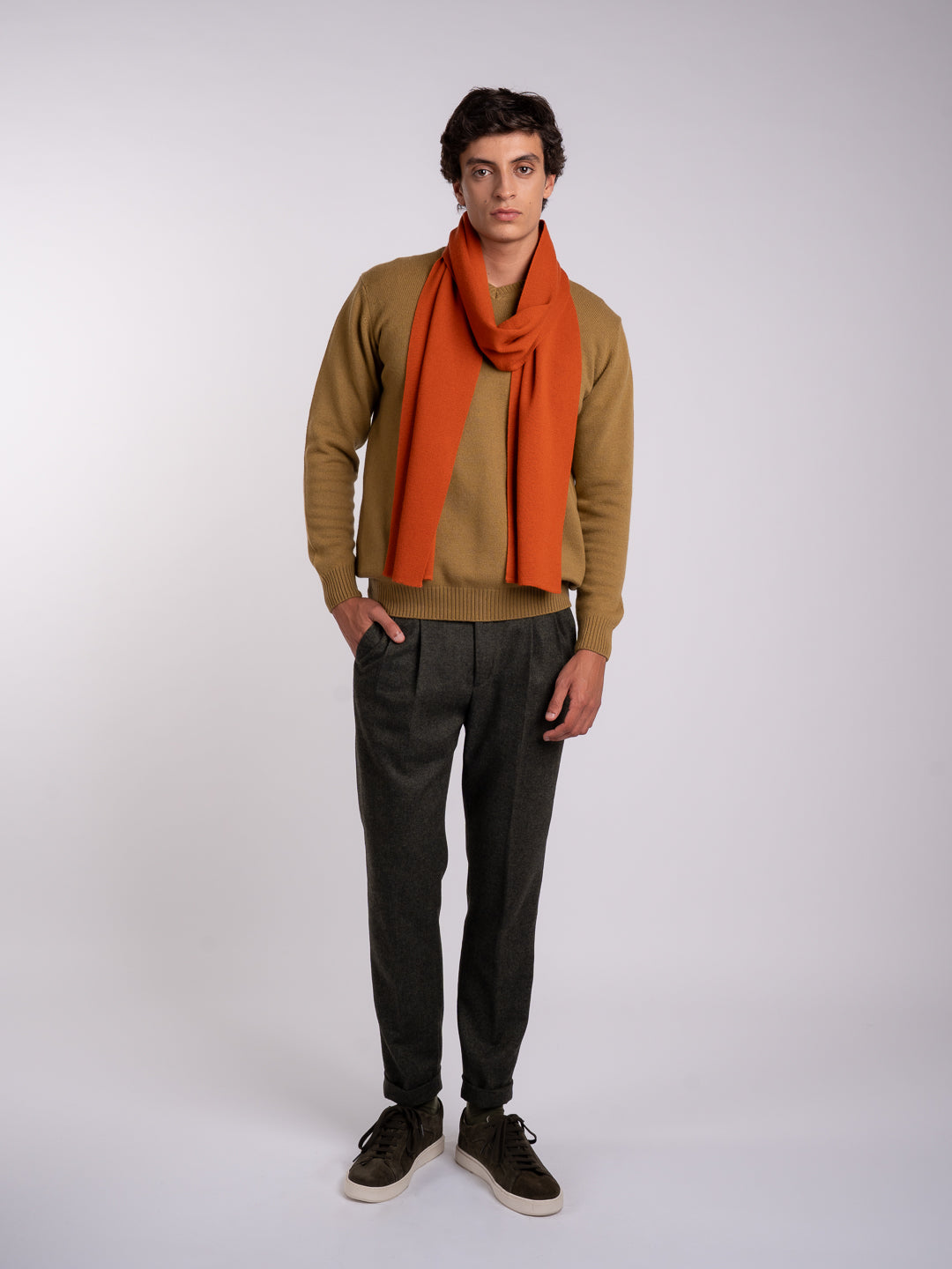 Men's terracotta orange knit scarf, a winter accessory from Achega Knitwear