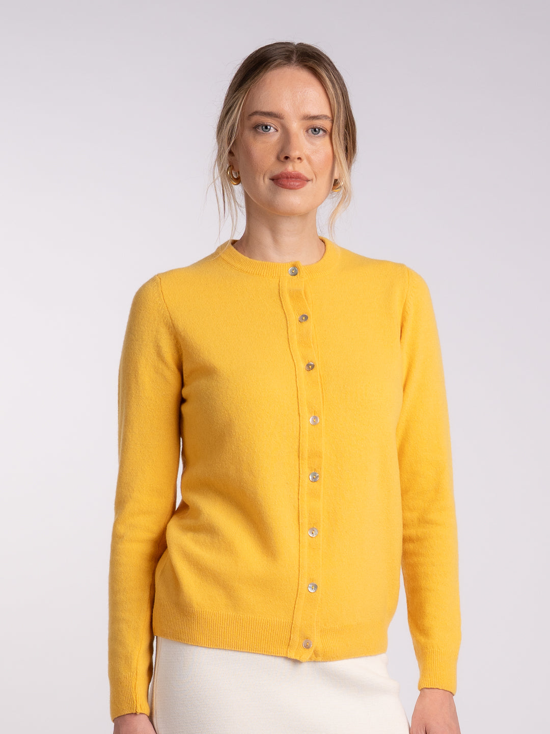Casaco de malha em Lambswool amarelo para senhora | Achega