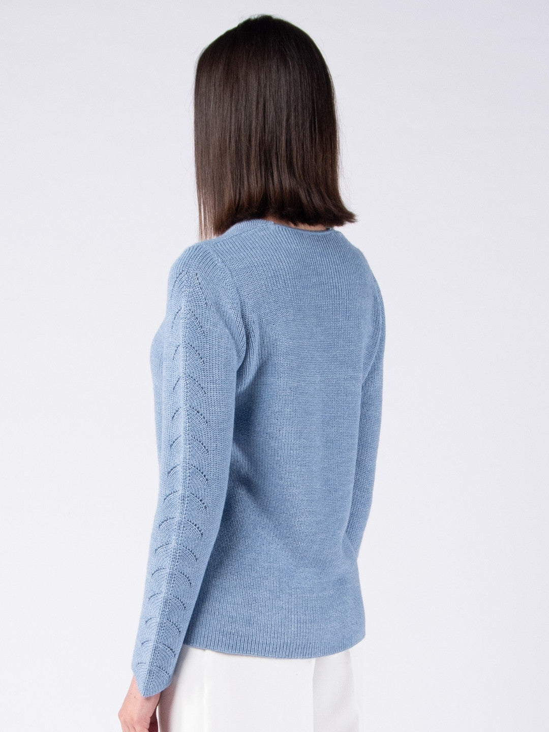 Merino Wool V-Neck Sweater with Herringbone Pattern - Baby Blue