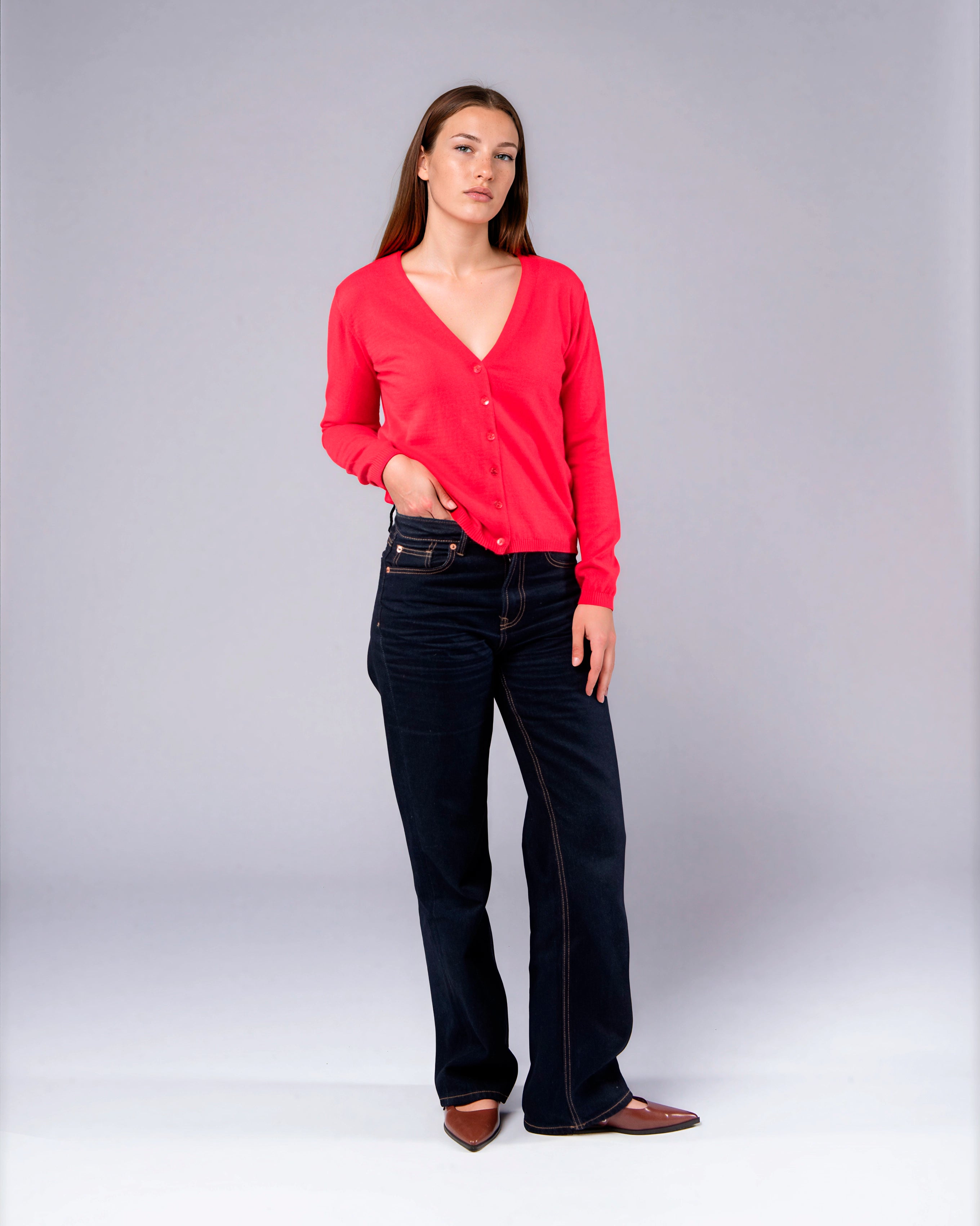 V-Neck Cardigan in Merino Wool and Organic Cotton