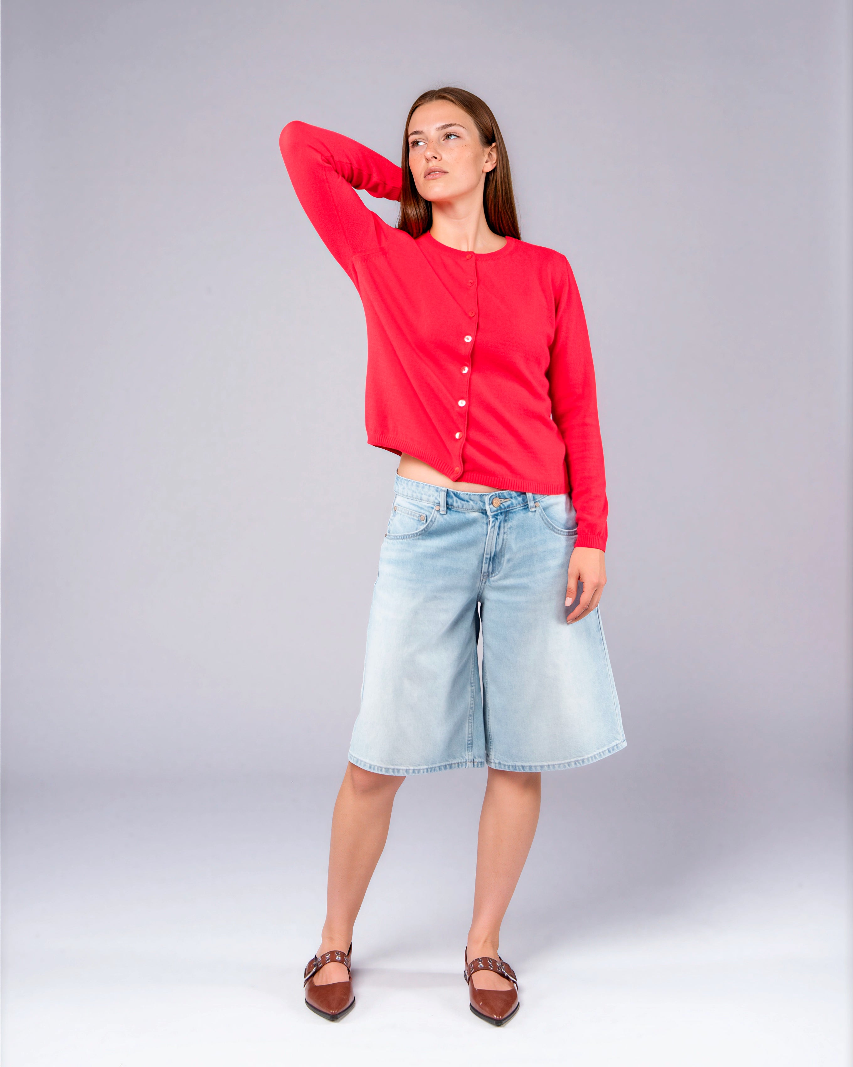 Round Neck Cardigan in Merino Wool and Organic Cotton