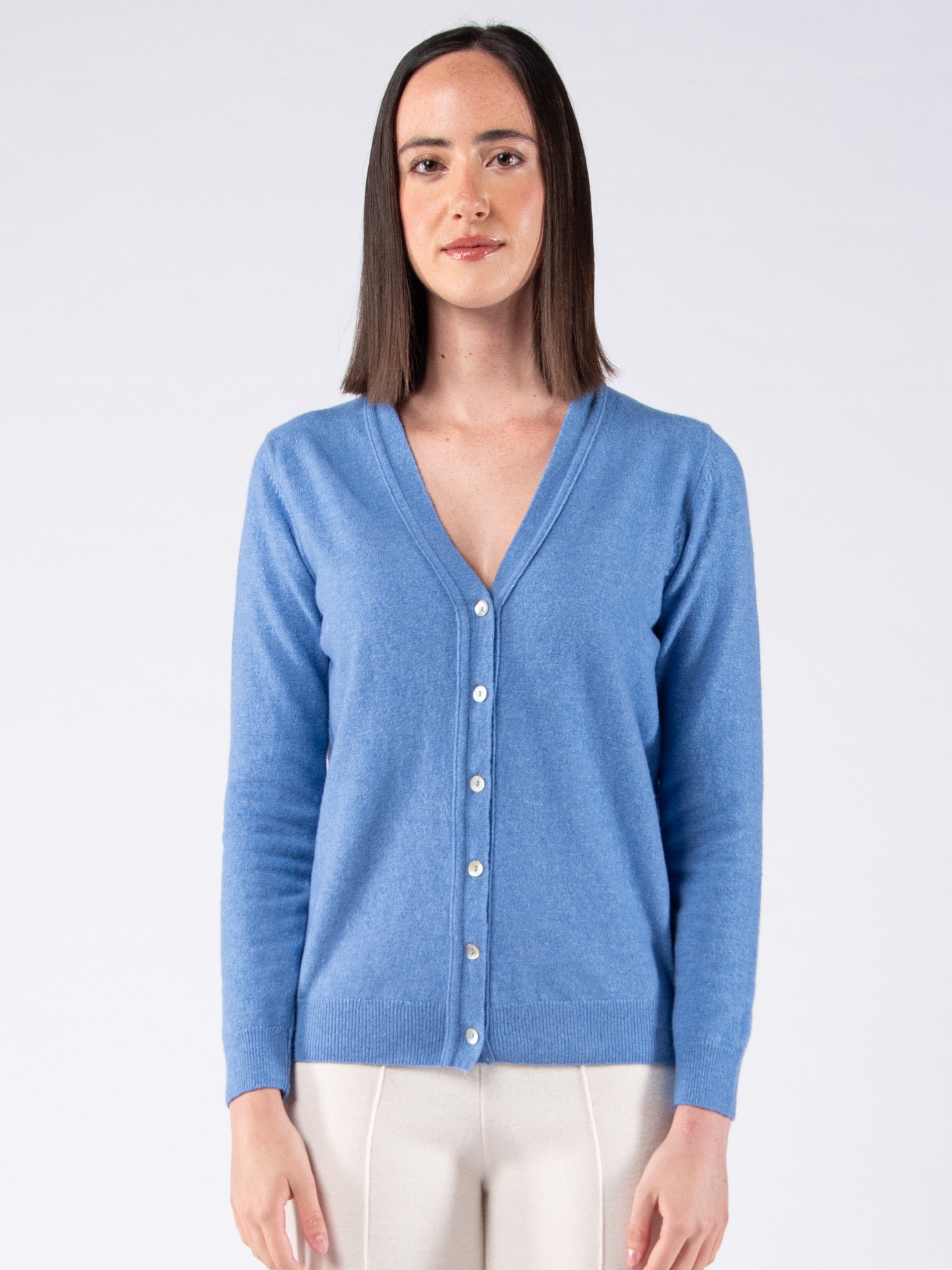 Lambswool V-Neck Cardigan - Sky Blue