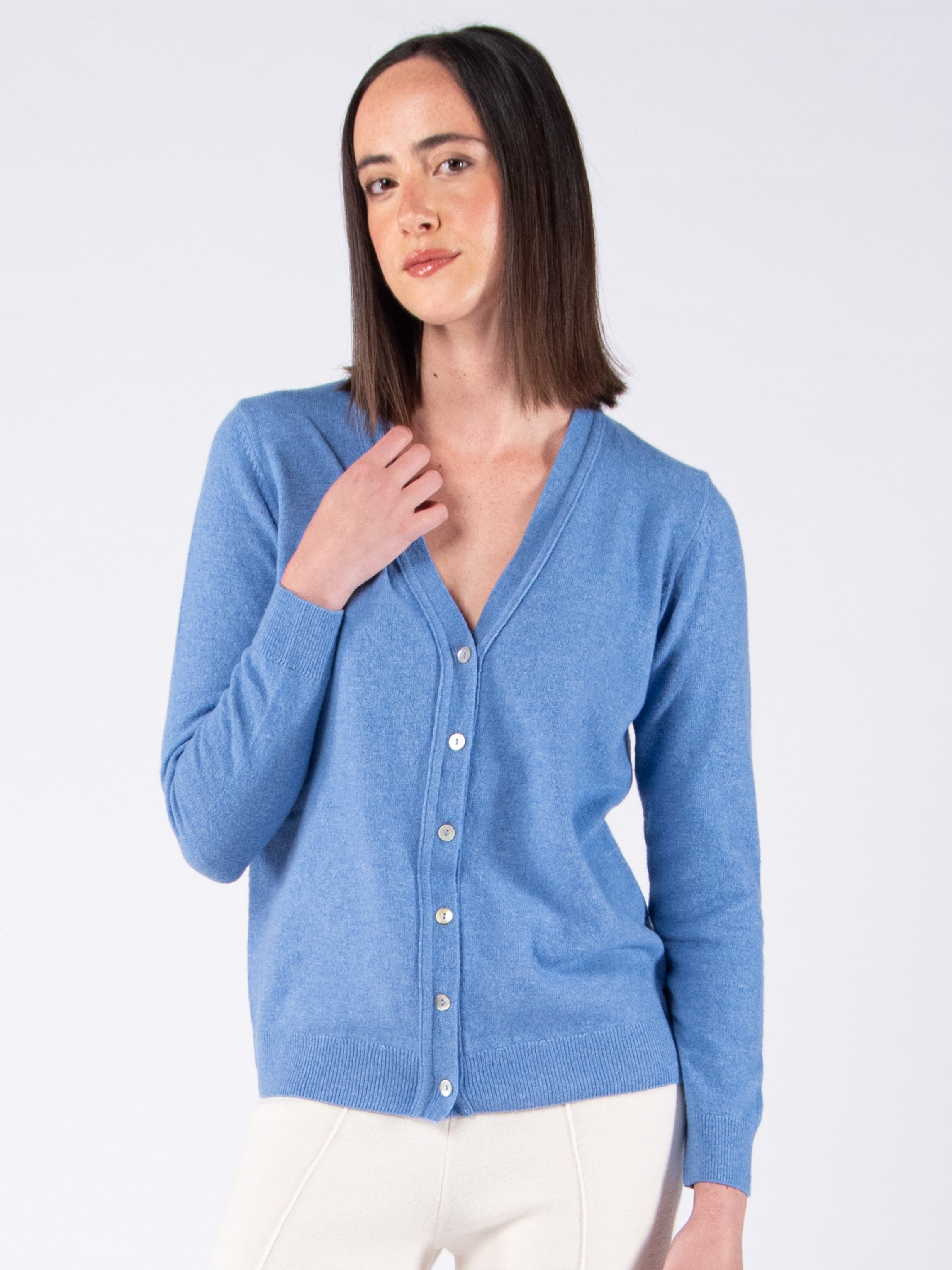 Lambswool V-Neck Cardigan - Sky Blue